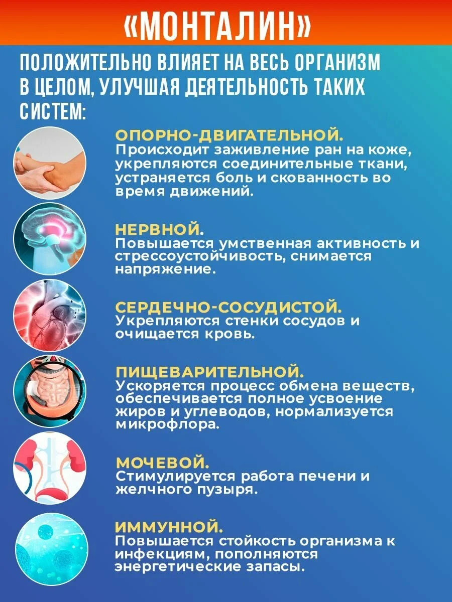 Препарат Монталин положительно влияет на весь организм в целом, улучшая деятельность таких систем