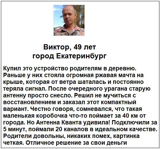 Отзывы реальных покупателей об Антенне QUANTA (Кванта) для телевизора №1